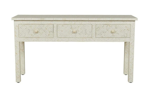 White Bone Inlay Geometric 3 Drawer Console