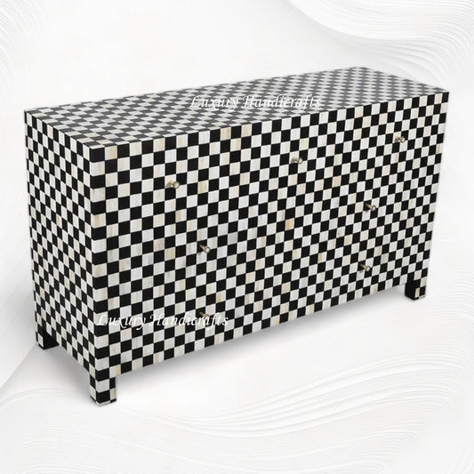 Bone Inlay 7 Drawer Checkerboard Dresser Black