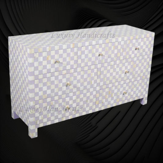 Bone Inlay 7 Drawer Checkerboard Dresser Lilac