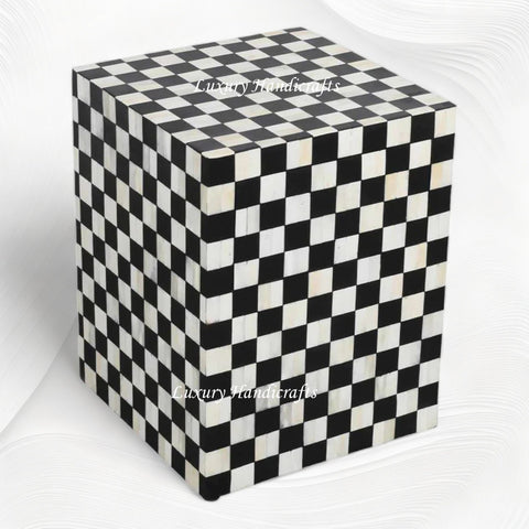 Bone Inlay Checkerboard Bedside Black