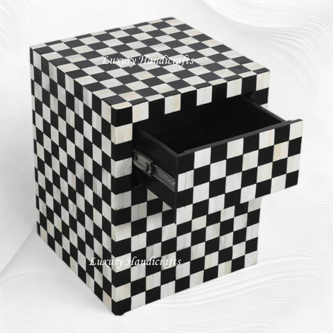 Bone Inlay Checkerboard Bedside Black