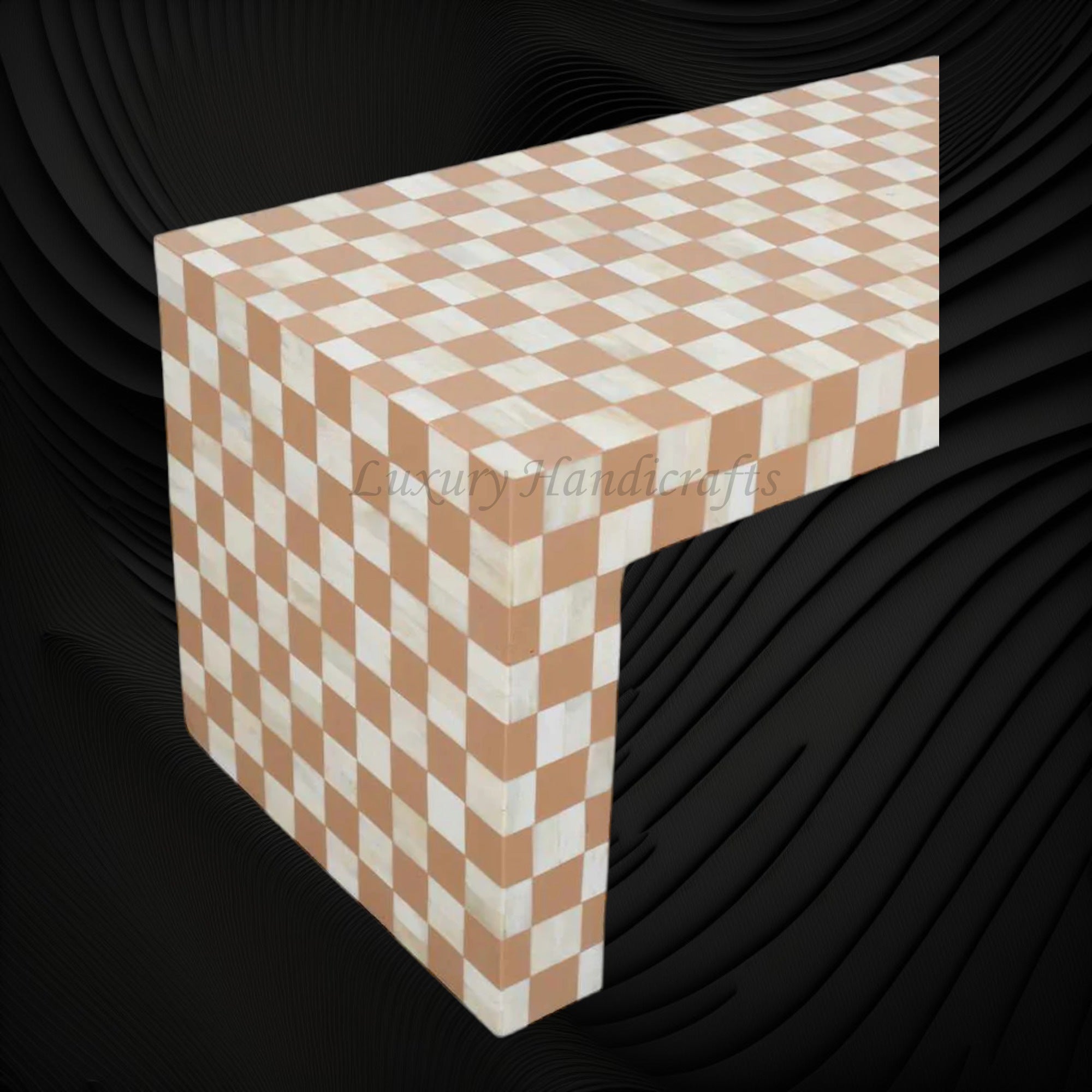 Checker Inlay Side Table Bone Inlay Checkerboard Coffee Table Almond – Luxury Handicrafts