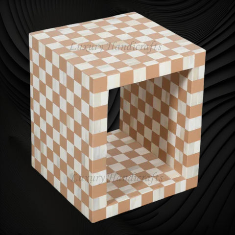 Bone Inlay Checkerboard Side Table Almond