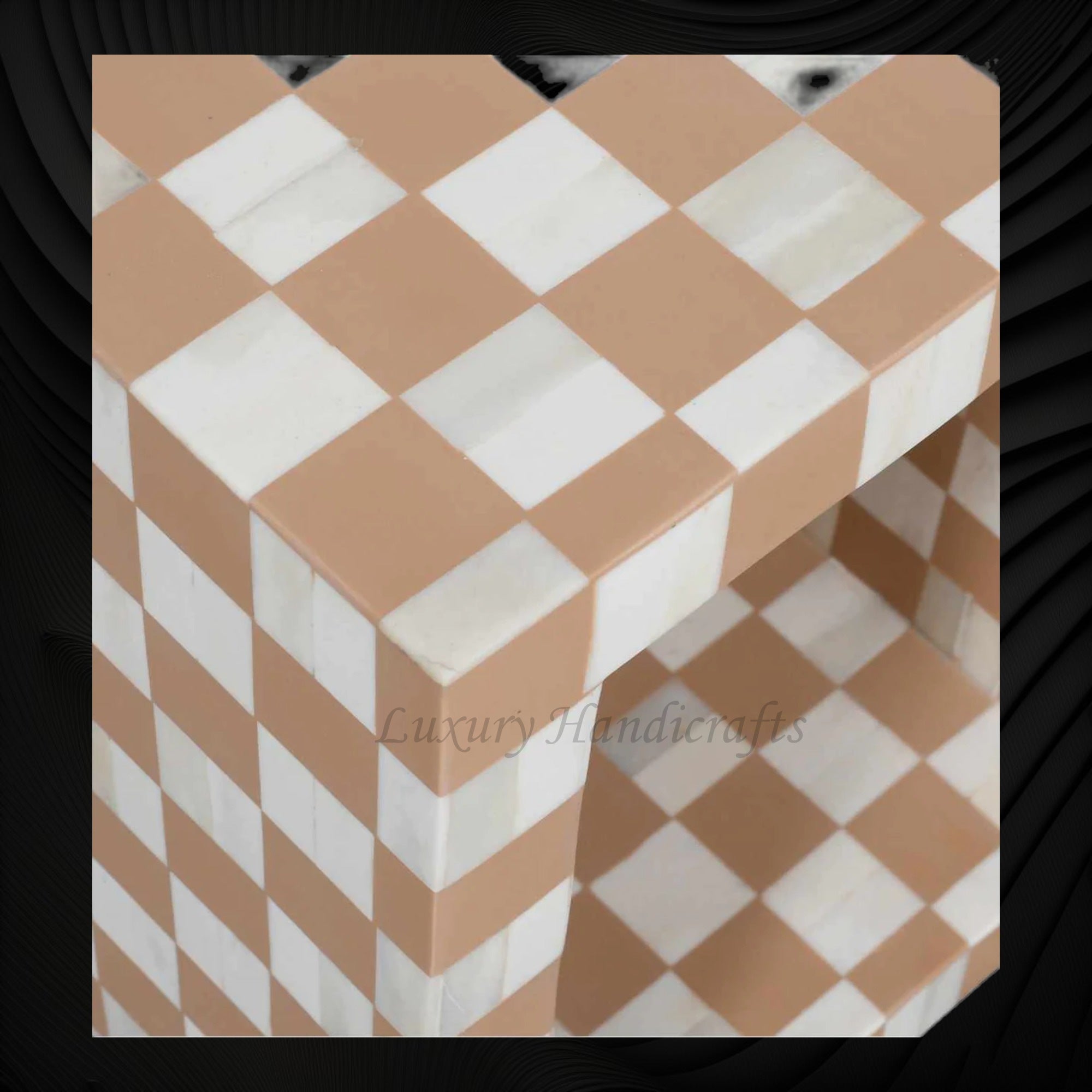Checker Inlay Side Table Bone Inlay Checkerboard Side Table Almond – Luxury Handicrafts