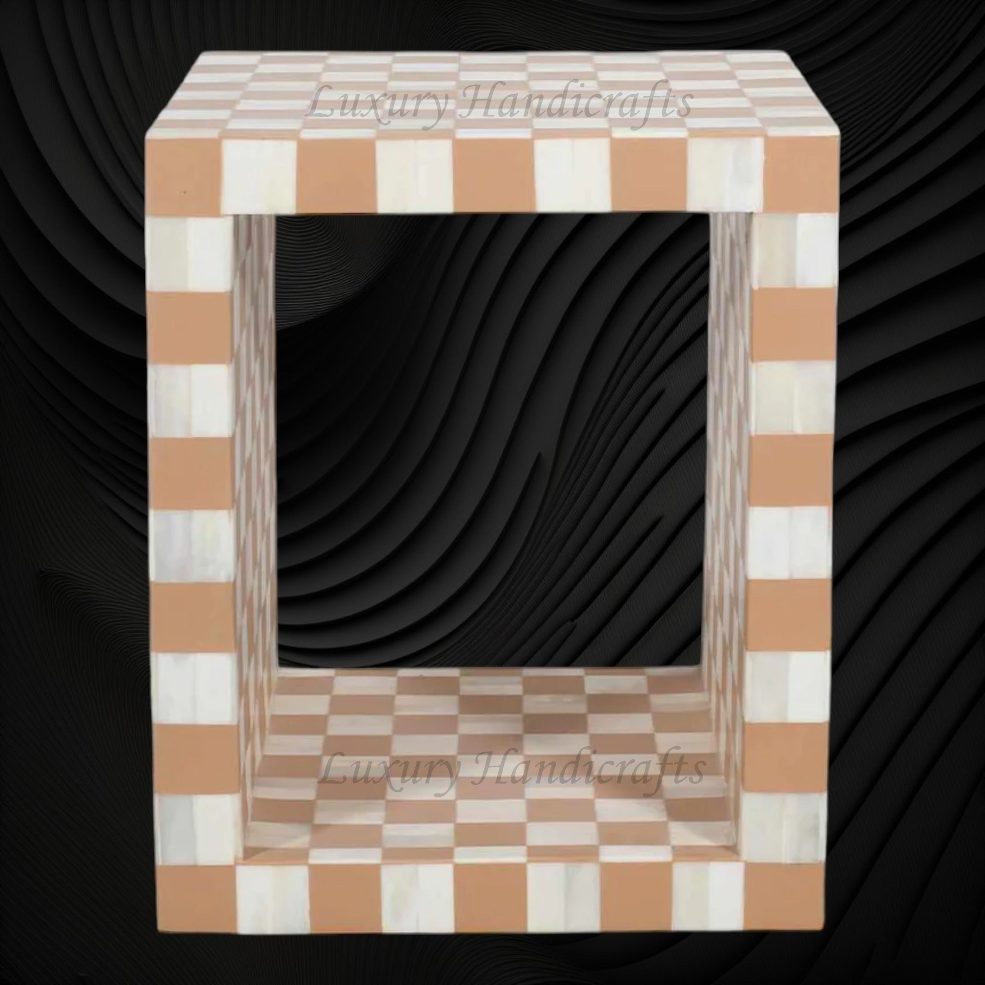 Checker Inlay Side Table Bone Inlay Checkerboard Side Table Almond – Luxury Handicrafts