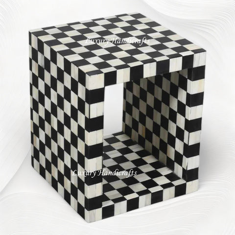 Bone Inlay Checkerboard Side Table Black