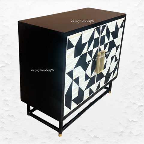 Bone Inlay Geometric 2 Door Cabinet Black