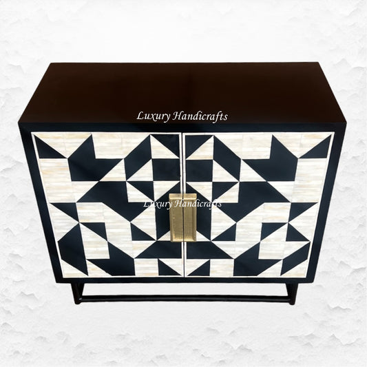 Bone Inlay Geometric 2 Door Cabinet Black