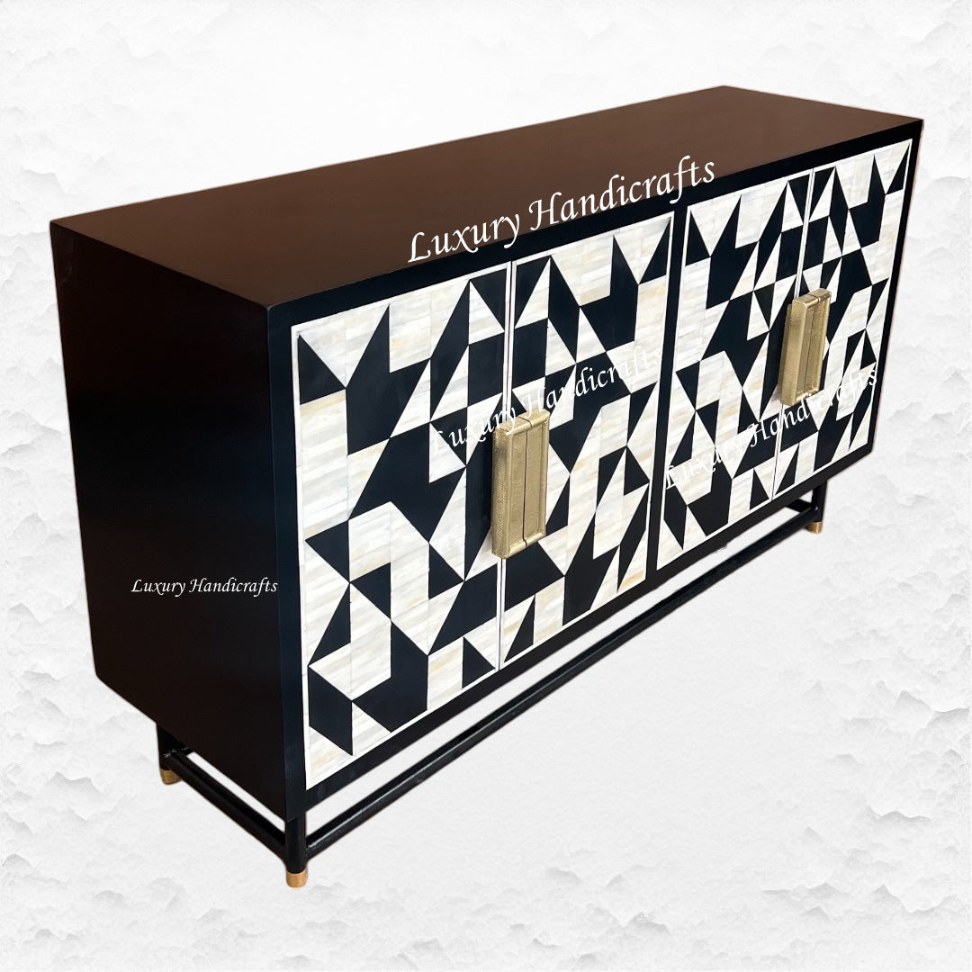 Bone Inlay Geometric 4 Door Sideboard Black