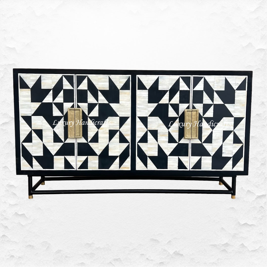 Bone Inlay Geometric 4 Door Sideboard Black