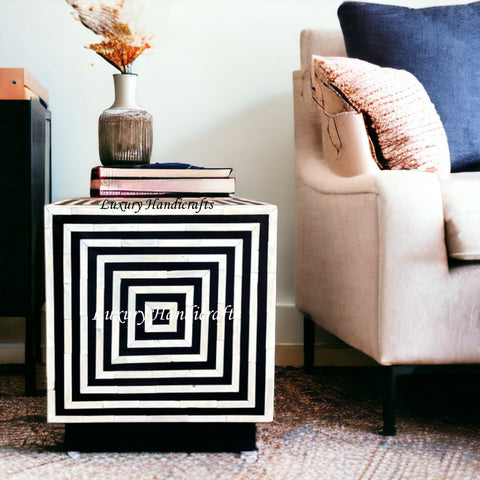 Bone Inlay Stripe Cube Side Table Black 1