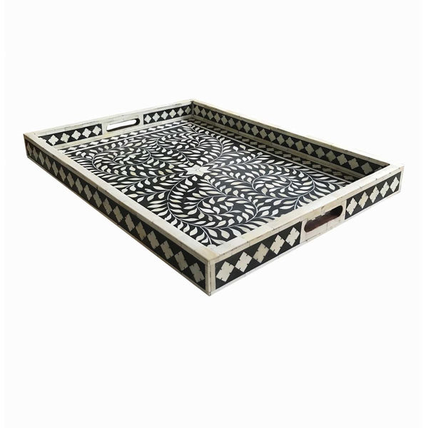 Black Bone Inlaid Rectangular Tray Floral Design