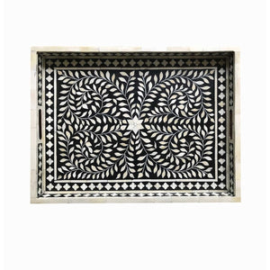 Black Bone Inlaid Rectangular Tray Floral Design