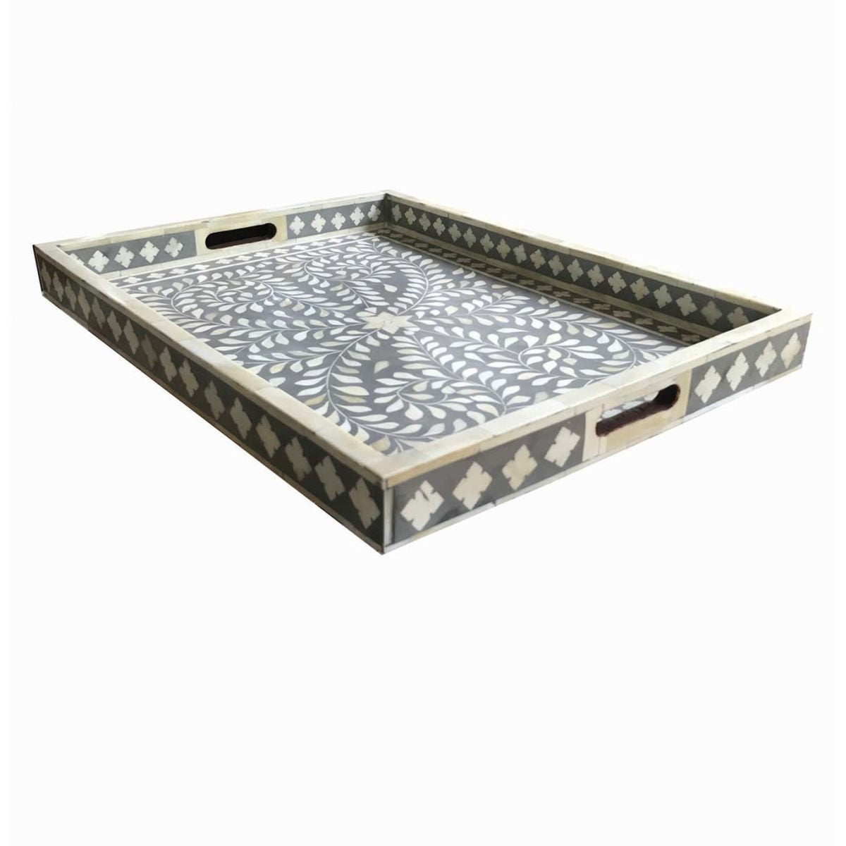 Grey Bone Inlaid Rectangular Tray Floral Design