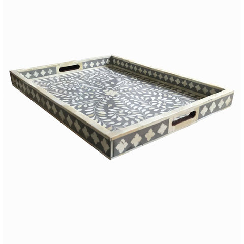 Grey Bone Inlaid Rectangular Tray Floral Design