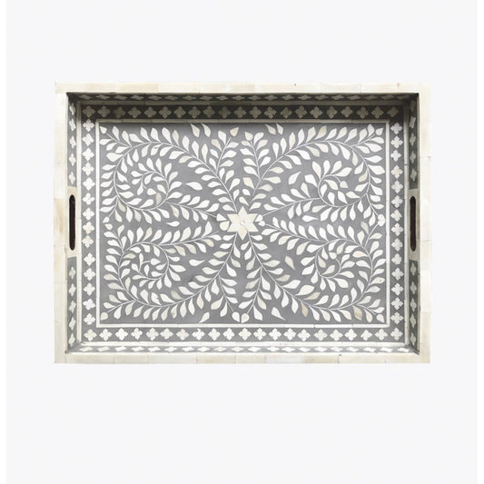 Grey Bone Inlaid Rectangular Tray Floral Design