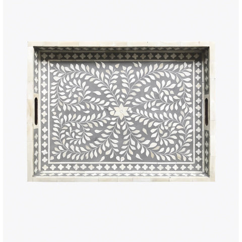 Grey Bone Inlaid Rectangular Tray Floral Design