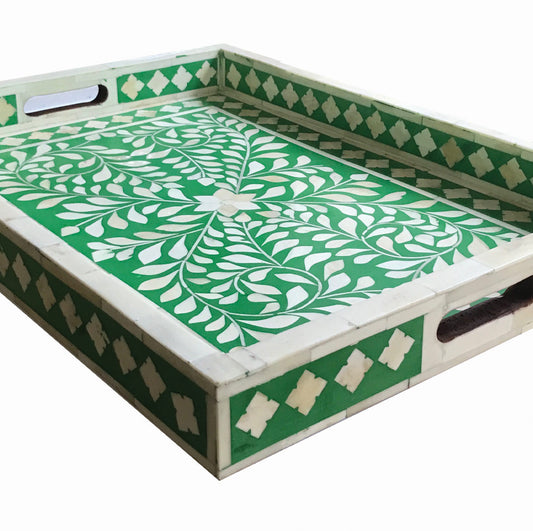 Green Bone Inlaid Rectangular Tray Floral Design