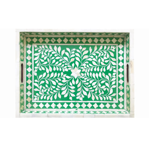 Green Bone Inlaid Rectangular Tray Floral Design