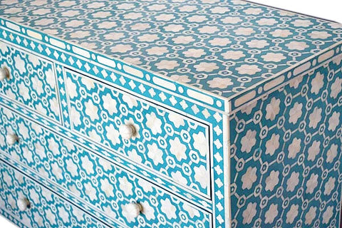 Flower Bone Inlay  4 Drawer Chest Teal Green