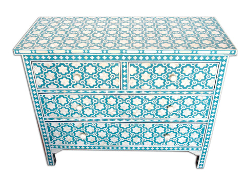 Flower Bone Inlay  4 Drawer Chest Teal Green
