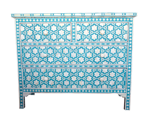 Flower Bone Inlay  4 Drawer Chest Teal Green