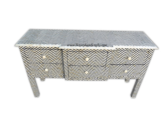 Bone Inlay 6 Drawer Console Chevron Design Black