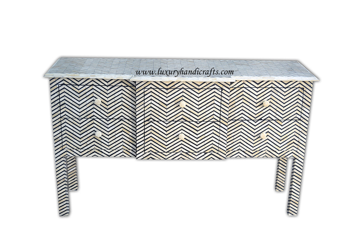 Bone Inlay 6 Drawer Console Chevron Design Black