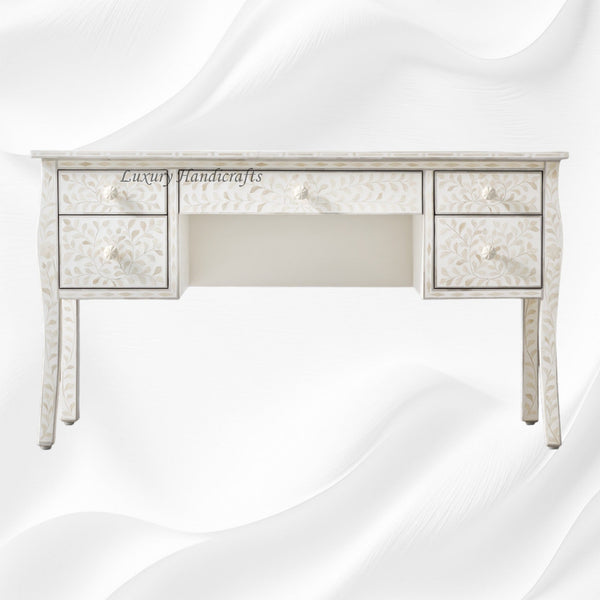 Bone Inlay Curved 5 Drawer Floral Desk White