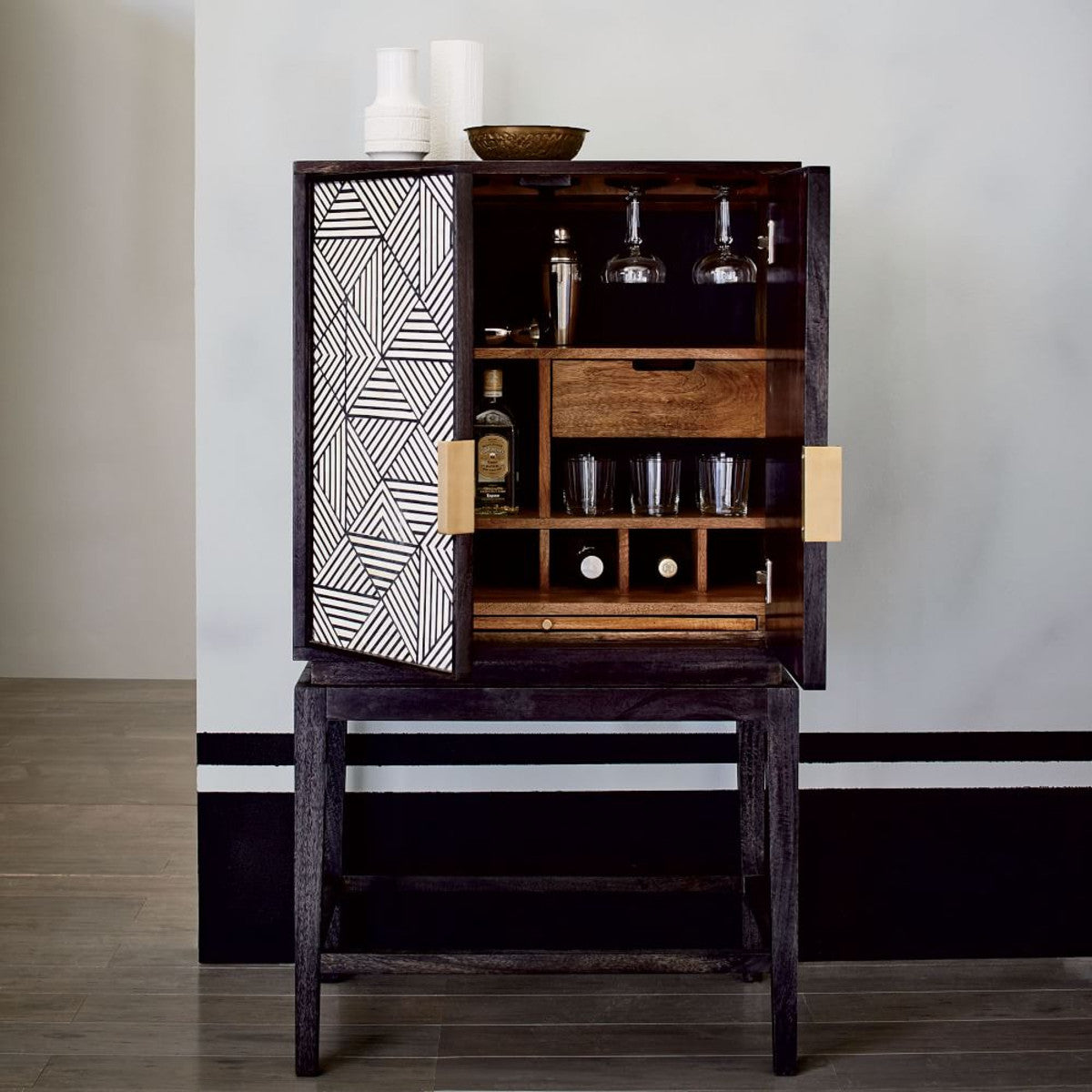 Bone Inlay Geometric Bar Cabinet Black