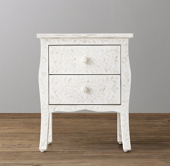Bone Inlay Curved 2 Drawer Geometric Bedside White