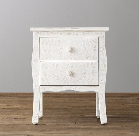 Bone Inlay Curved 2 Drawer Geometric Bedside White