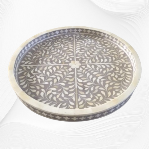 Floral Round Bone Inlay Tray Grey