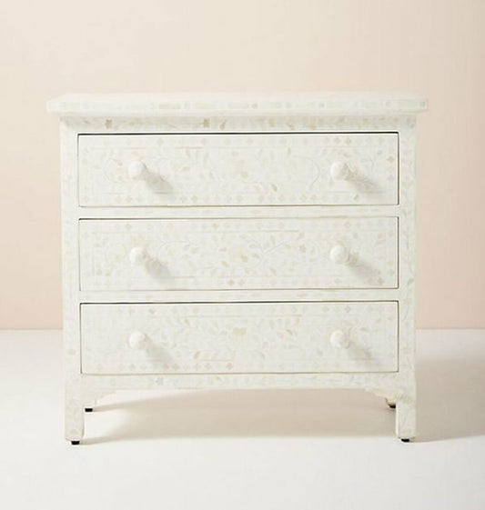 Bone Inlay 3 Drawer Chest Floral Design White