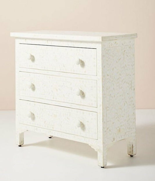 Bone Inlay 3 Drawer Chest Floral Design White