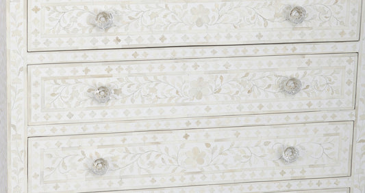 Bone Inlay 6 Drawer Chest Floral Design White
