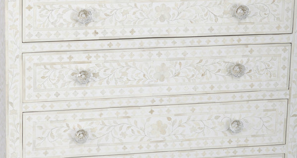 Bone Inlay 6 Drawer Chest Floral Design White