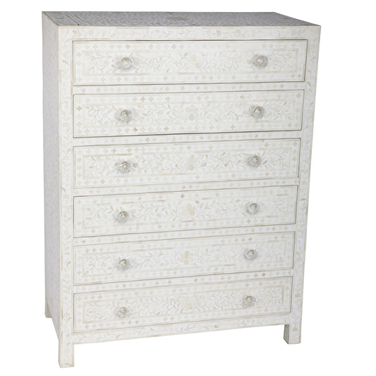 Bone Inlay 6 Drawer Chest Floral Design White