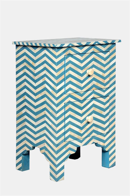 Bone Inlay Chevron Bedside 2 Drawer Aqua