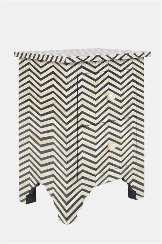 Bone Inlay Chevron Bedside 2 Drawer Black