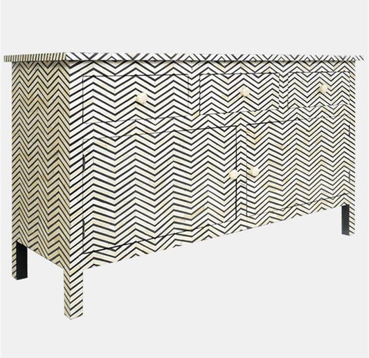 Bone Inlay Chevron Chest 3 Drawer 2 Door Cupboard Black