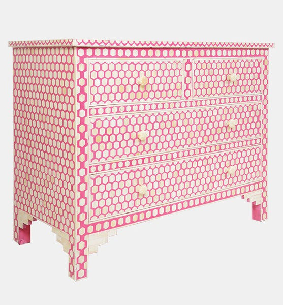 Bone Inlay Commode 4 Drawers Inverse Hexagon Pink Color