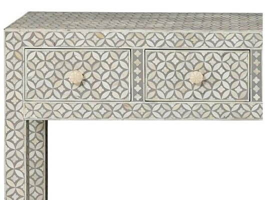 Bone Inlay Console 4 Drawers Geometric Design Grey
