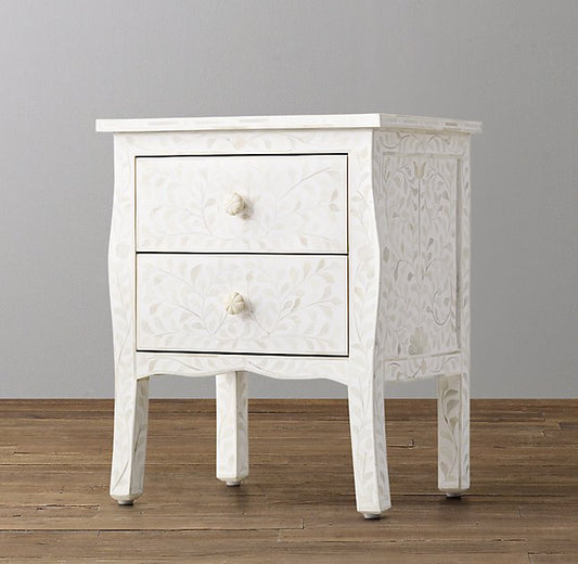 Bone Inlay Curved 2 Drawer Bedside Floral Design White