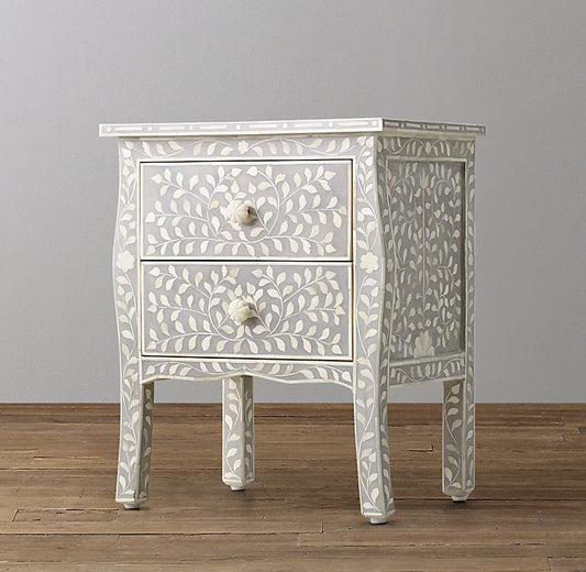Bone Inlay Curved 2 Drawer Bedside Floral Design Grey