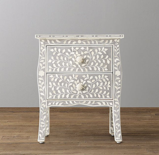 Bone Inlay Curved 2 Drawer Bedside Floral Design Grey