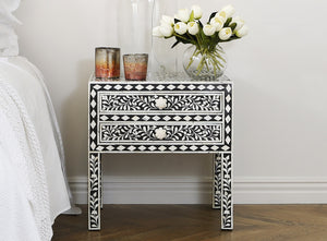 Black Bone Inlay 2 Drawer Bedside Table Long Leg