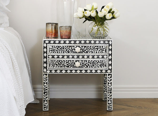 Black Bone Inlay 2 Drawer Bedside Table Long Leg