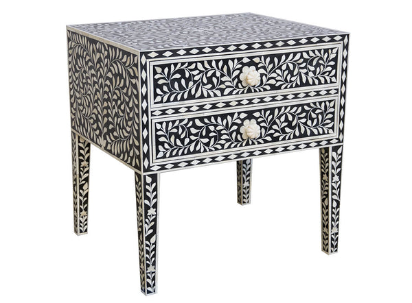 Black Bone Inlay 2 Drawer Bedside Table Long Leg