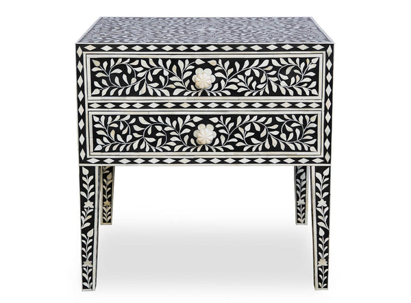 Black Bone Inlay 2 Drawer Bedside Table Long Leg